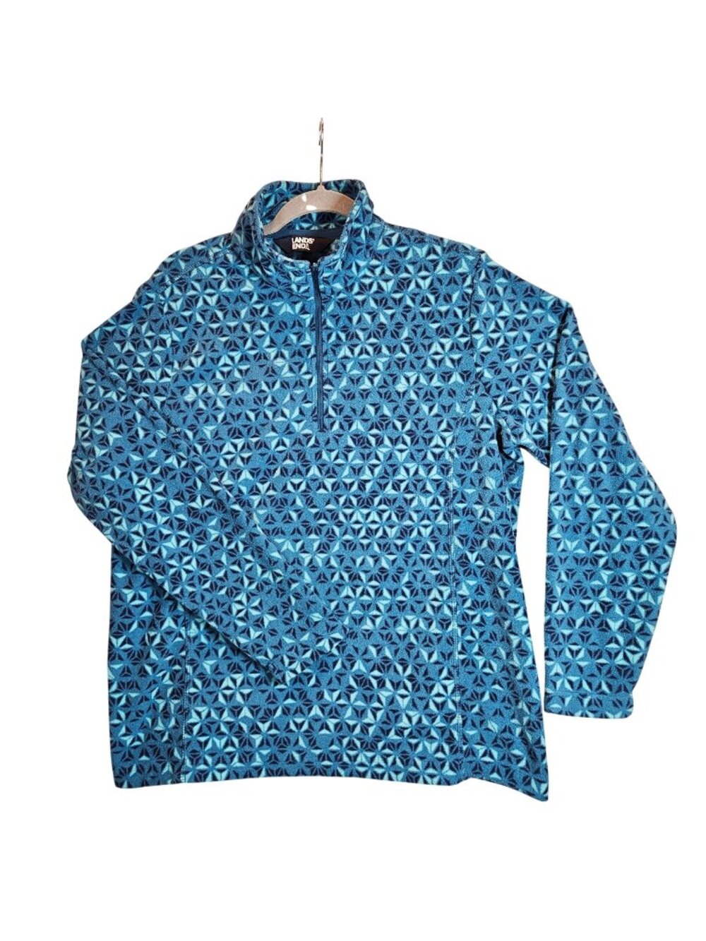 Lands End Womens L Blue Geometric Fleece 1/4 Zip Pullover Sweater outdoor bold
